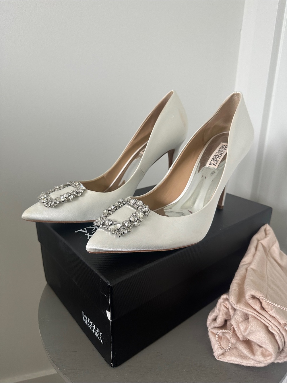 Badgley Mischka Ivory Satin Crystal-Buckle Cher Pointed Pumps